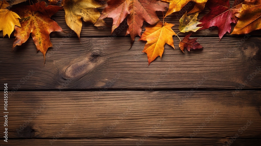 Obraz premium Scattered Autumn Leaves on Wooden Texture