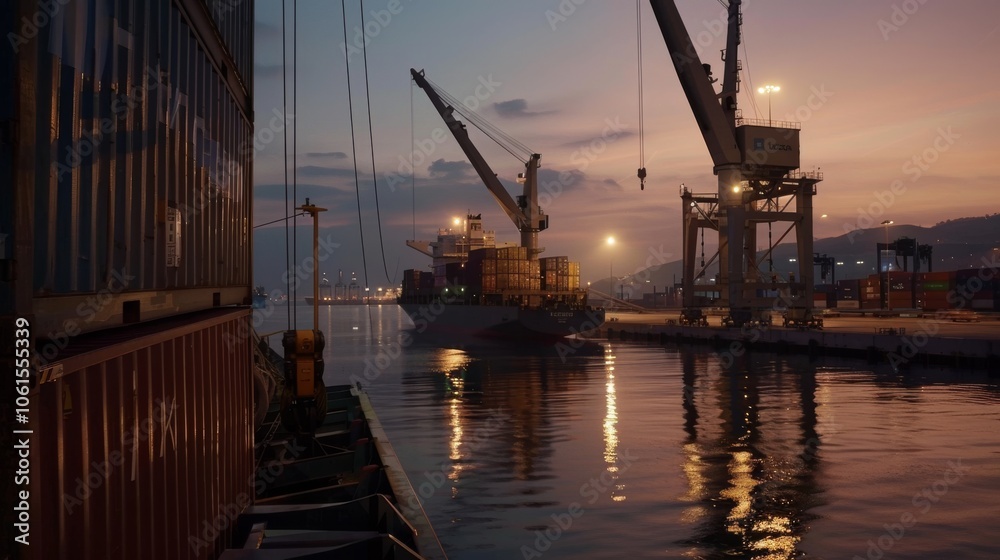 Fototapeta premium Containers and cranes stand against the dim light of dusk at a busy port, representing commerce and the global flow of goods.