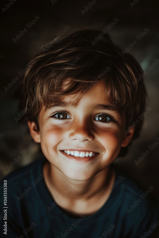 Close-up portrait of a smiling young boy with dark hair, captured in natural light, radiating innocence and happiness in a warm and intimate setting. Close-up portrait of a smiling young boy with dark hair, captured in natural light, radiating innocence and happiness in a warm and intimate setting.