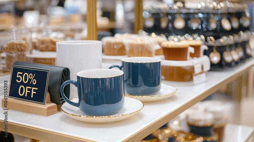 Elegant Display of Discounted Tea Cups and Snacks Elegant Display of Discounted Tea Cups and Snacks