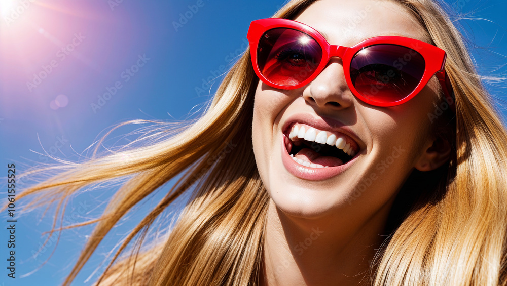Smiling woman wears red sunglasses in bright summertime sunlight Smiling woman wears red sunglasses in bright summertime sunlight