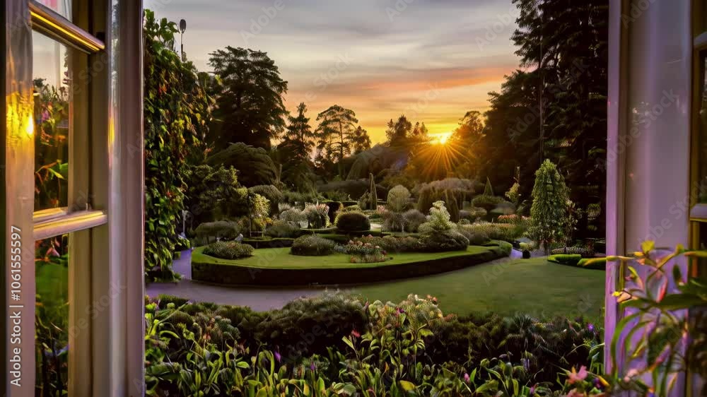 A serene garden view at sunset through an open window.