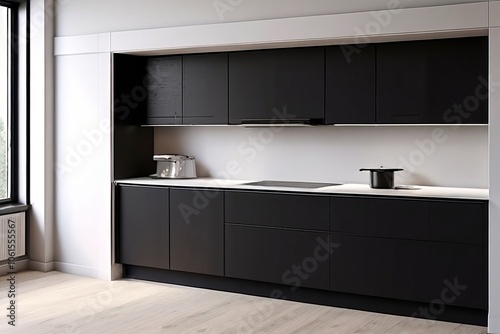 empty kitchen a kitchen with black cabinets and white walls devo photo