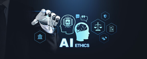 Robotic hand interacting with AI ethics icons on a dark background, representing technology, law, and ethical considerations in AI
