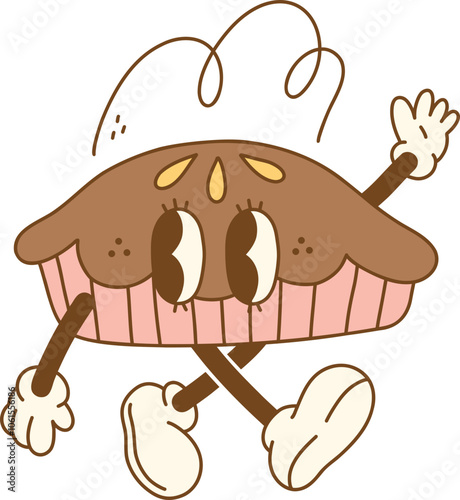 Cute cartoon pie character with arms and legs, smiling joyfully