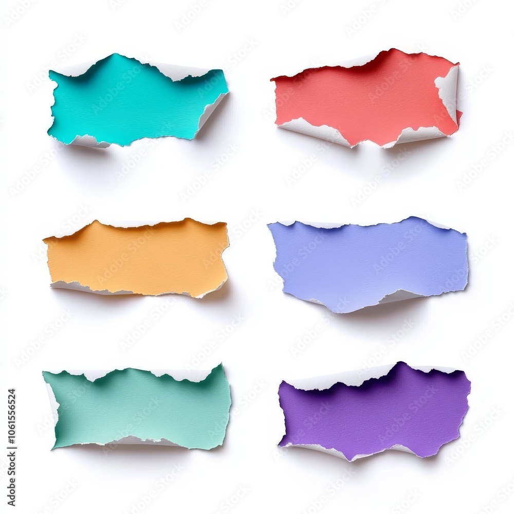 Torn paper sticker elements isolated on a white background from a top view Torn paper sticker elements isolated on a white background from a top view