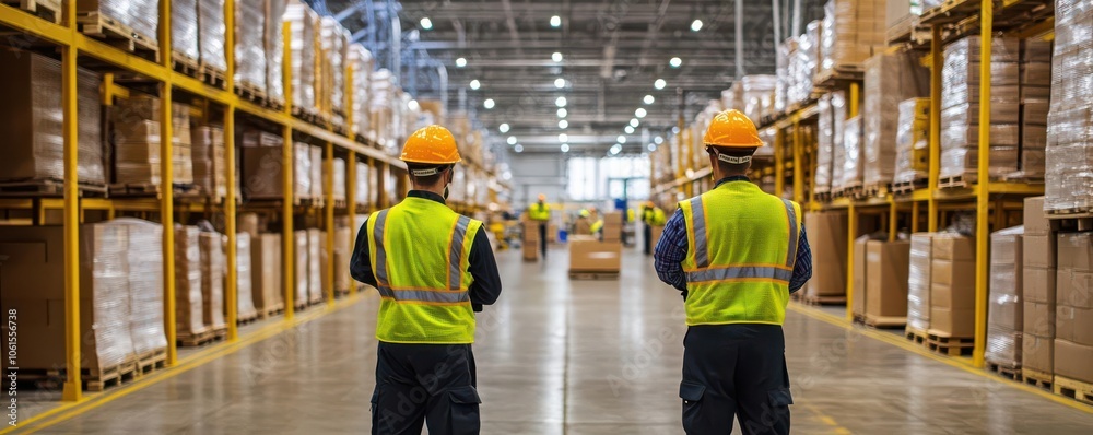 Workers in safety gear coordinating, efficient warehouse, team-focused setting Workers in safety gear coordinating, efficient warehouse, team-focused setting
