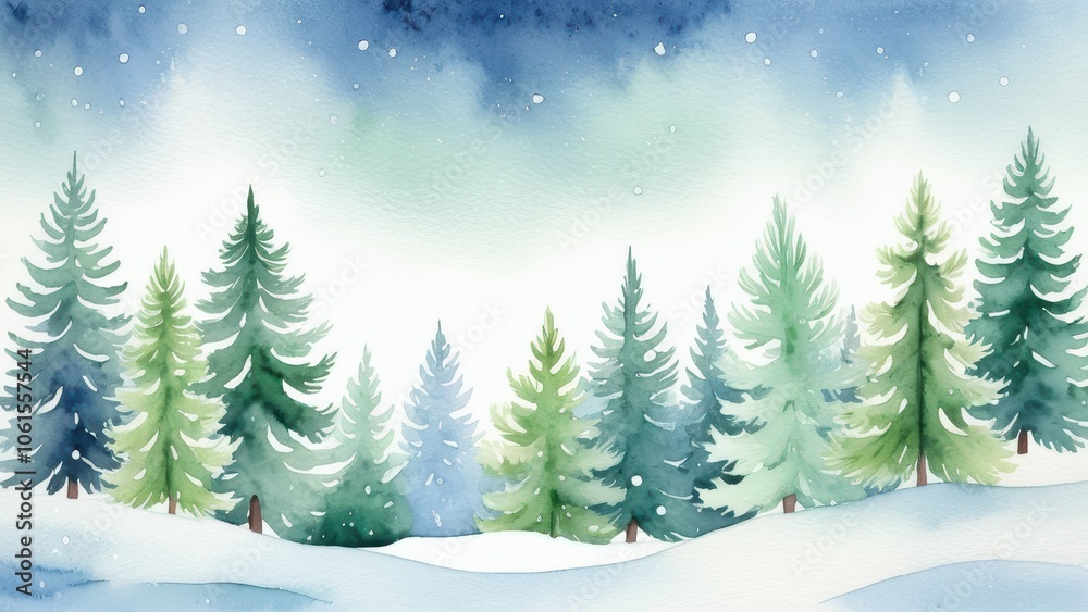 Obraz premium Christmas background with a peaceful watercolor winter forest, snow-covered pine trees, soft shades of green and blue, gentle snowfall, serene and calming holiday atmosphere