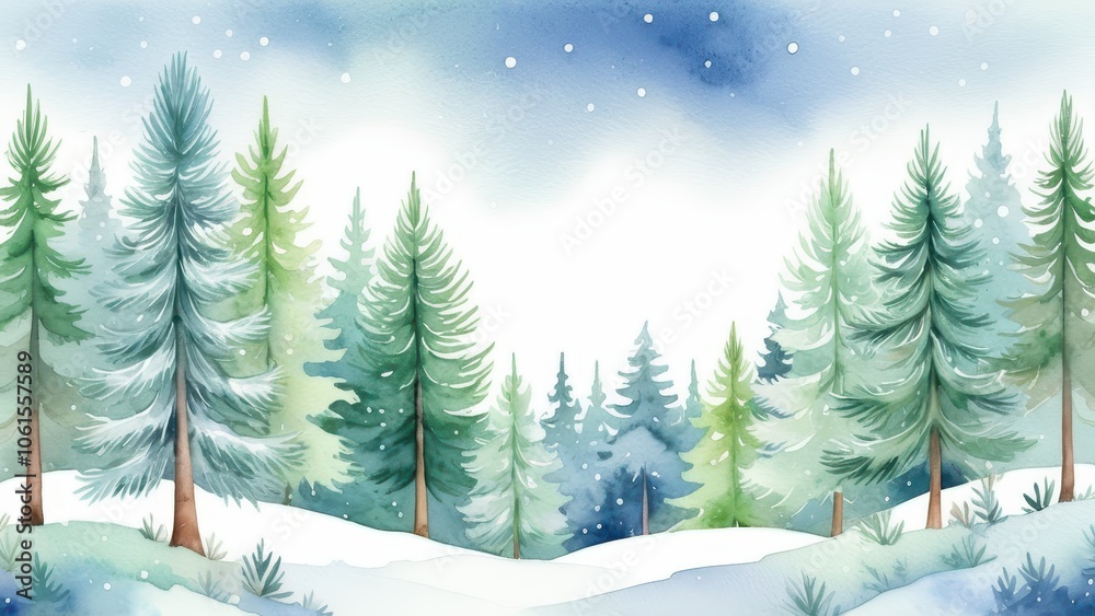 Naklejka premium Christmas background with a peaceful watercolor winter forest, snow-covered pine trees, soft shades of green and blue, gentle snowfall, serene and calming holiday atmosphere