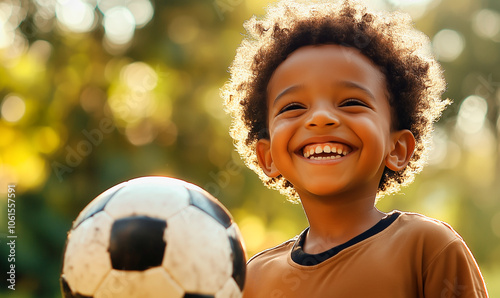Happy kid with a football ball, soccer game, generated ai
