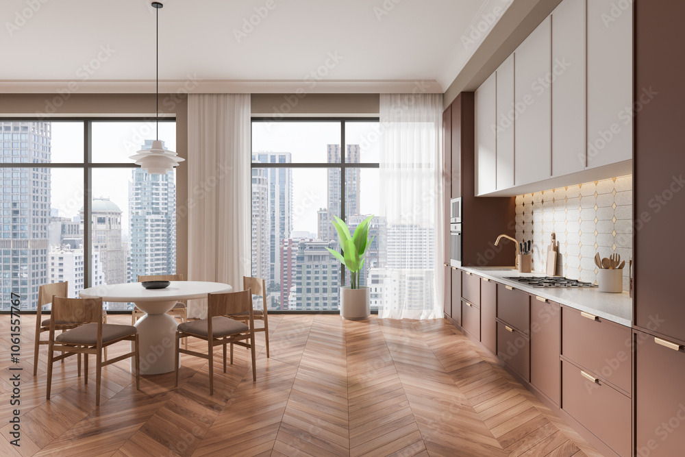 Fototapeta premium Modern Kitchen Interior with City View. 3D Rendering