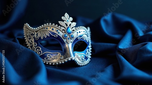 A beautiful blue and silver mask is elegantly lying on top of a soft and textured blue cloth that enhances its artistic beauty