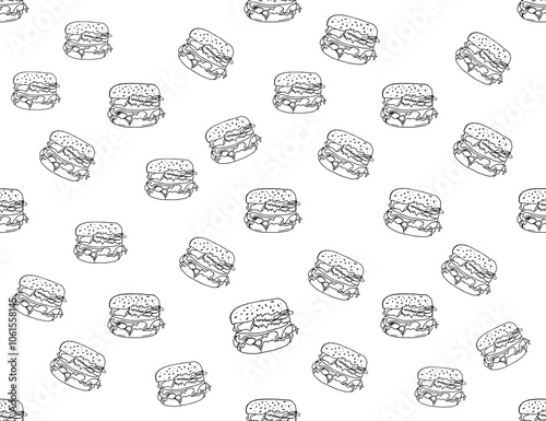 doodle burger pattern background. doodle fast food burger seamless pattern background. seamless pattern of hamburger in doodle style. Seamless Pattern of a Cheese Burger or Hamburger