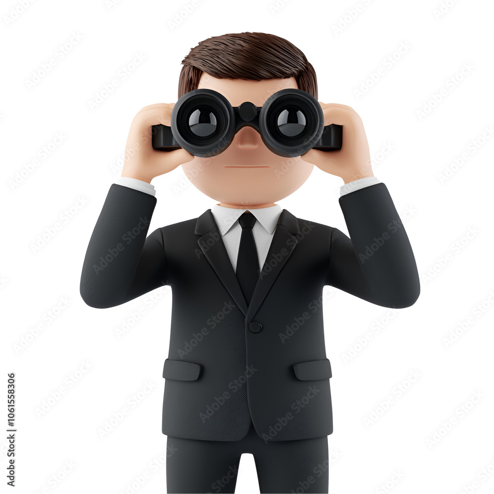 A cartoonish figure in a suit uses binoculars, symbolizing observation, analysis, or research in a modern context. A cartoonish figure in a suit uses binoculars, symbolizing observation, analysis, or research in a modern context.