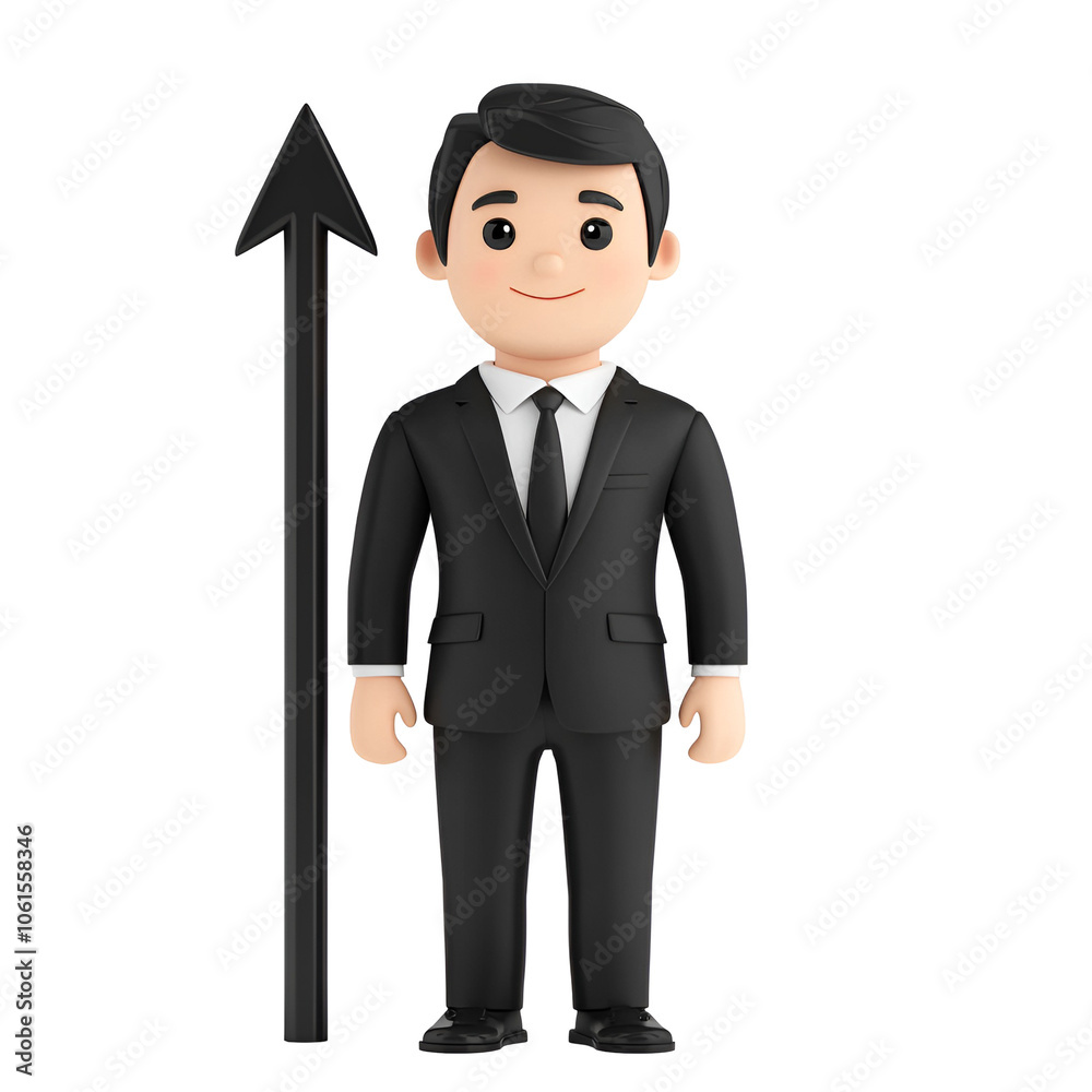 A cheerful cartoon businessman stands confidently, wearing a suit with an upward arrow behind him, symbolizing growth and success. A cheerful cartoon businessman stands confidently, wearing a suit with an upward arrow behind him, symbolizing growth and success.