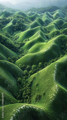 vibrant abstract landscape featuring lush green hills and sweeping curves infused with rich hues of emerald and jade creating a tranquil and serene atmosphere photo