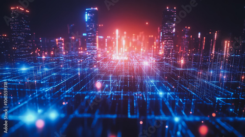 Smart digital city with connection cyber security network reciprocity over the cityscape . future smart wireless digital city and social media networking systems that connects people within the city