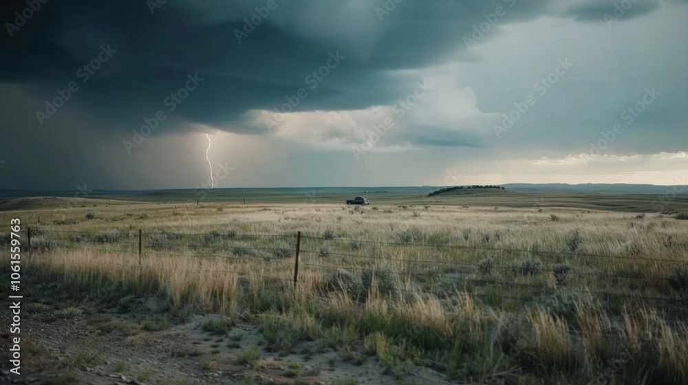 A vast landscape lies under heavy storm clouds, with a lone strike of lightning piercing the dramatic sky over open fields. A vast landscape lies under heavy storm clouds, with a lone strike of lightning piercing the dramatic sky over open fields.