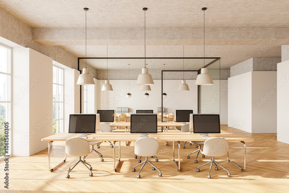 Modern office interior with open space design, featuring wooden floors, desks with computers, and large windows. Concept of workspace. 3D Rendering Modern office interior with open space design, featuring wooden floors, desks with computers, and large windows. Concept of workspace. 3D Rendering
