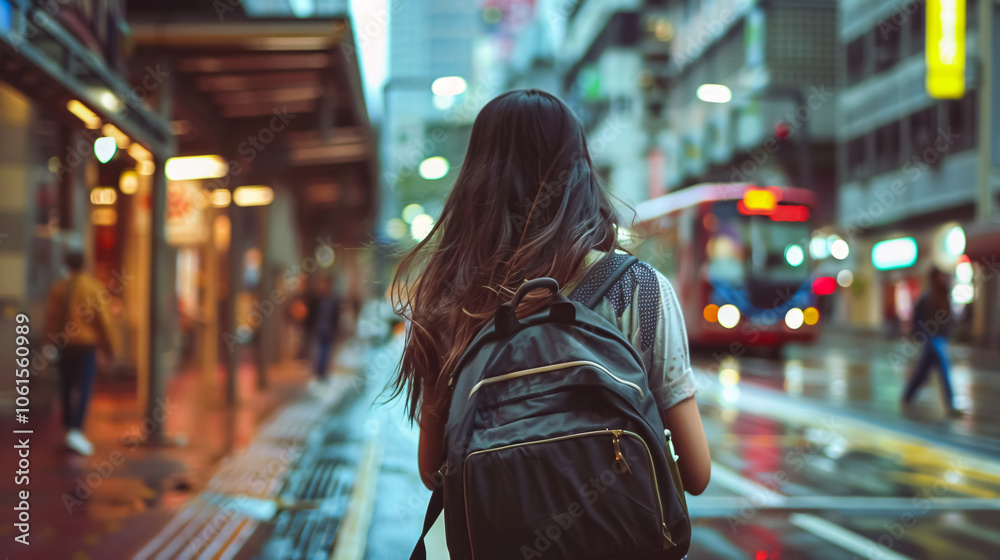 Urban girl confidently striding through a city area. Urban girl confidently striding through a city area.