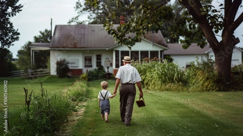 An older man and a young boy walk hand in hand across a lush, green lawn towards a quaint house, conveying warmth and familial bond.