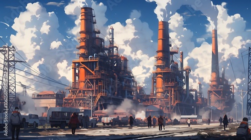 industrial factory with chimneys emitting smoke, colorful anime style photo