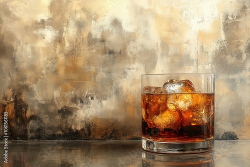 A glass filled with whiskey and ice cubes sits on a shiny surface, highlighting the rich amber color of the drink. The textured golden background adds elegance, creating a warm, inviting atmosphere pe