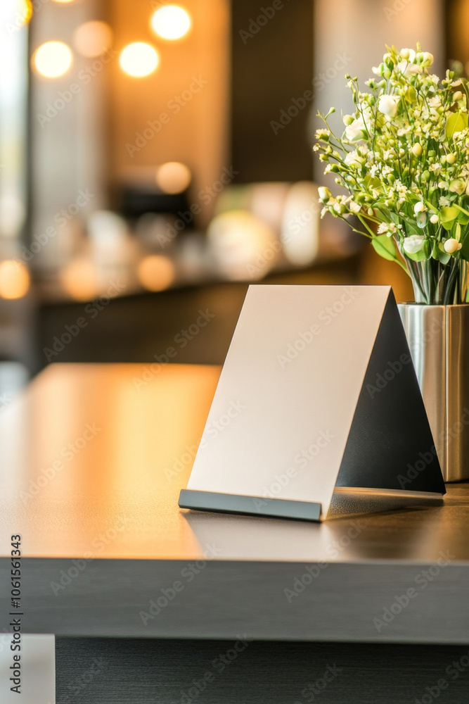 A blank table tent card mockup and fresh flowers on a café table, illuminated by soft lighting. A blank table tent card mockup and fresh flowers on a café table, illuminated by soft lighting.