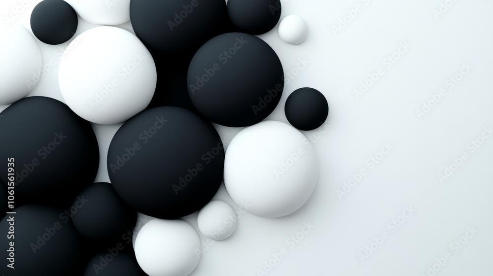 Collection of black white spheres arranged in a circle. Concept of unity, as contrasting colors of black white come together to form a cohesive whole. arrangement of spheres creates a visually pattern Collection of black white spheres arranged in a circle. Concept of unity, as contrasting colors of black white come together to form a cohesive whole. arrangement of spheres creates a visually pattern