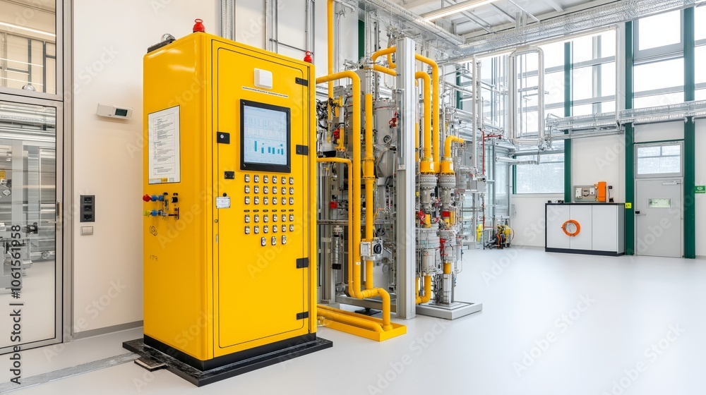 Yellow control panel and machinery in a modern industrial facility.