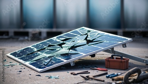 Detailed View of a Cracked and Shattered Solar Panel on the Ground, Suitable for Renewable Energy Discussions and Environmental Impact Presentations