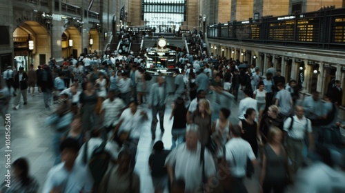 The train station pulsates with the blurred energy of commuters, reflecting metropolitan pulse and movement.