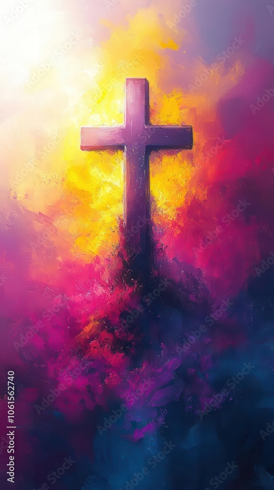 worship in elegant white calligraphy with a serene blurred cross in the background complemented by a soft gradient of yellow and purple evoking a sense of peace and spirituality