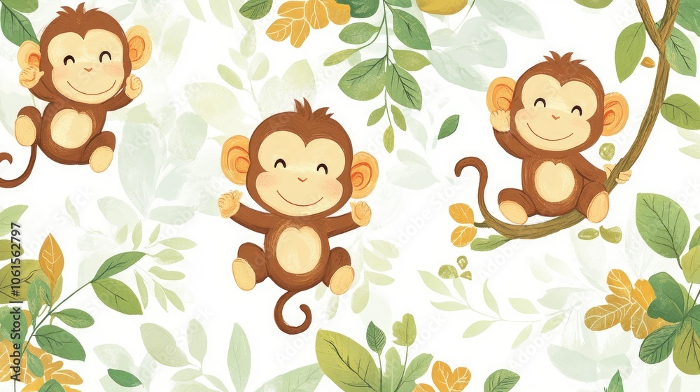 Obraz premium Charming Cartoon Monkeys in Tropical Setting
