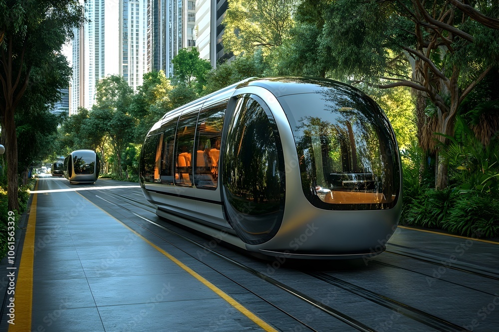 Obraz premium Futuristic electric transportation pod and green city landscape showcasing sustainable mobility and