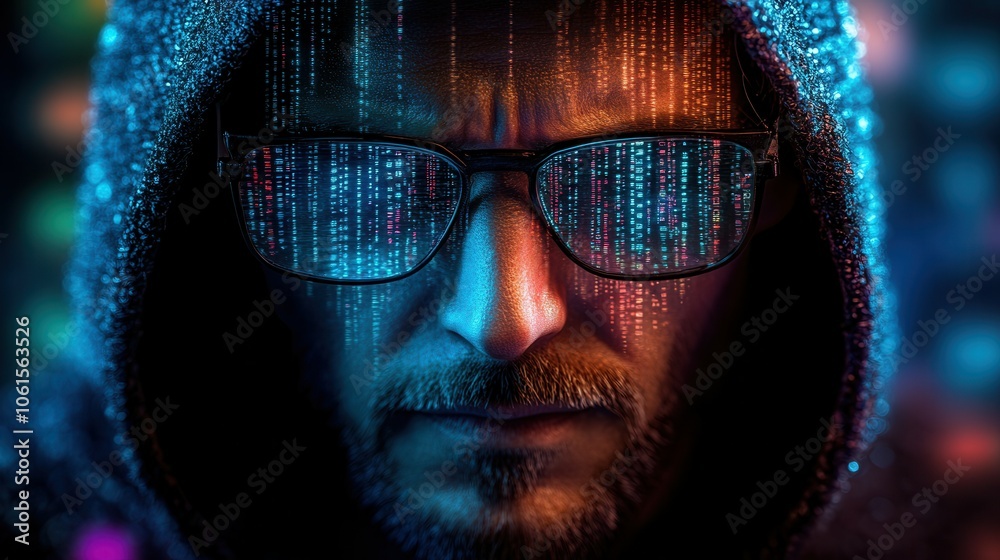 A person wearing a dark hoodie and glasses stares intensely forward, illuminated by vibrant streams of binary code and digital patterns. The colorful display creates a captivating atmosphere of techno
