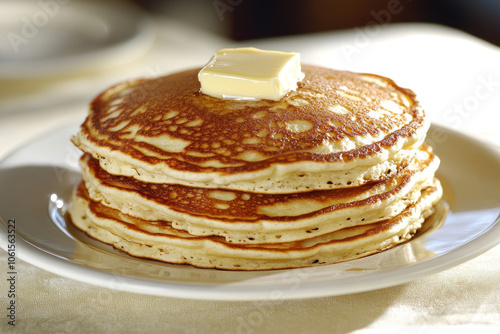 Stack of pancakes with melting butter on a plate.