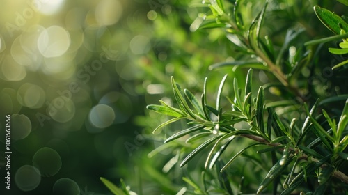 Dew-kissed rosemary bathed in golden light, offering a serene close-up of its spiky leaves, embodying freshness and the essence of a fragrant herb garden.