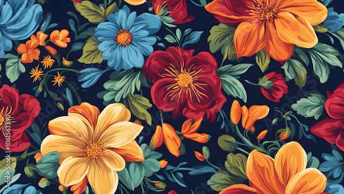 A colorful floral pattern with a blue background