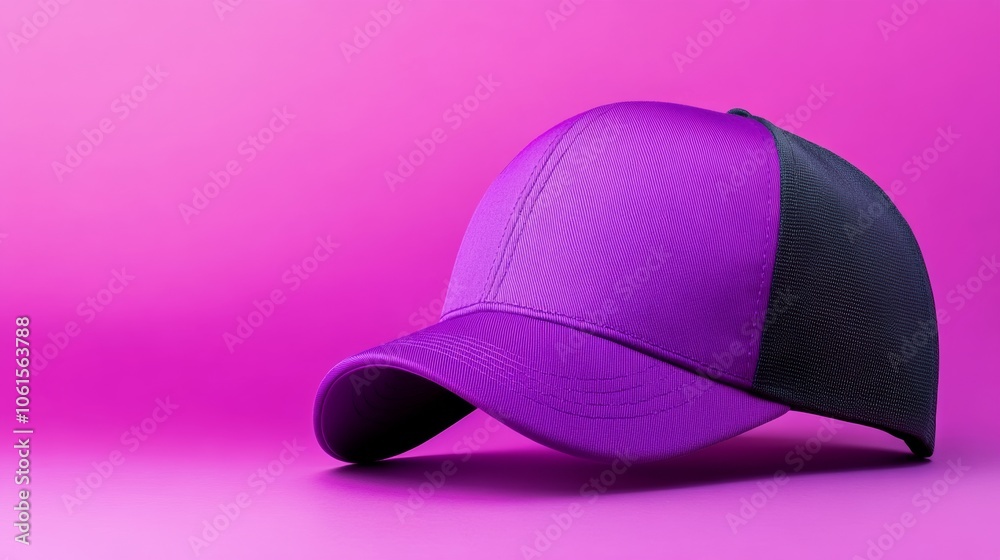 Fototapeta premium Purple and black hat is on a pink background. The hat is a baseball cap. The hat is not in use