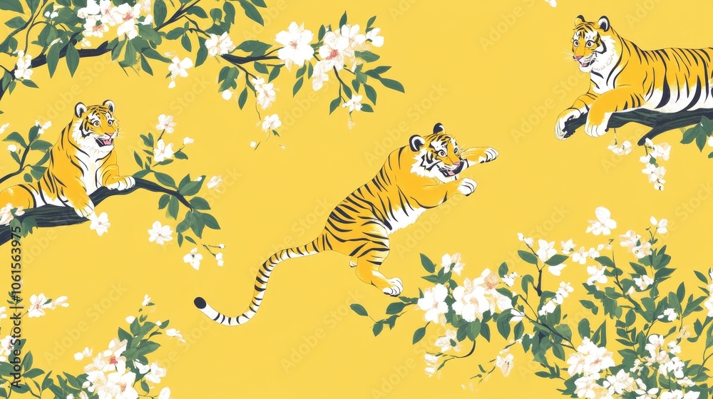 Cheerful Cartoon Tigers in Floral Design Cheerful Cartoon Tigers in Floral Design