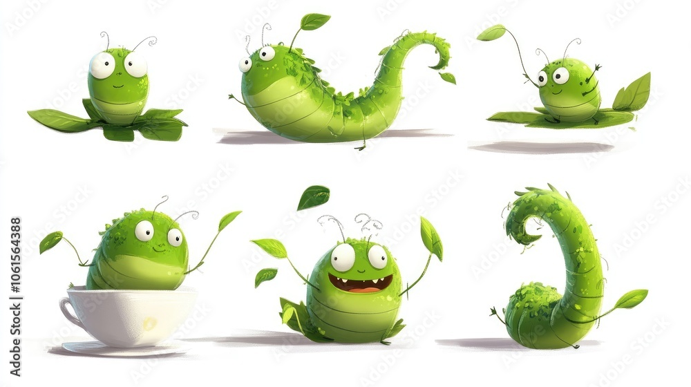 Obraz premium Charming Cartoon Green Tea Worms Collection