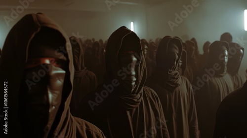 Shadowy figures in hoods filled a misty room, their masked faces creating a haunting atmosphere, embodying mystery and anonymity.