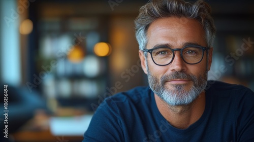 Man with glasses is smiling and looking at the camera. He is wearing a blue shirt and he is in a relaxed and comfortable mood