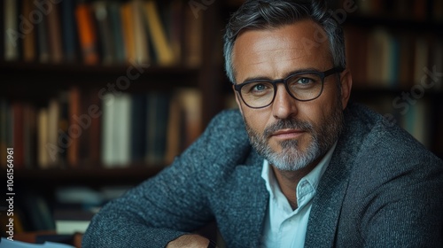 Man wearing glasses and a gray jacket is sitting in front of a bookshelf. He looks serious and focused