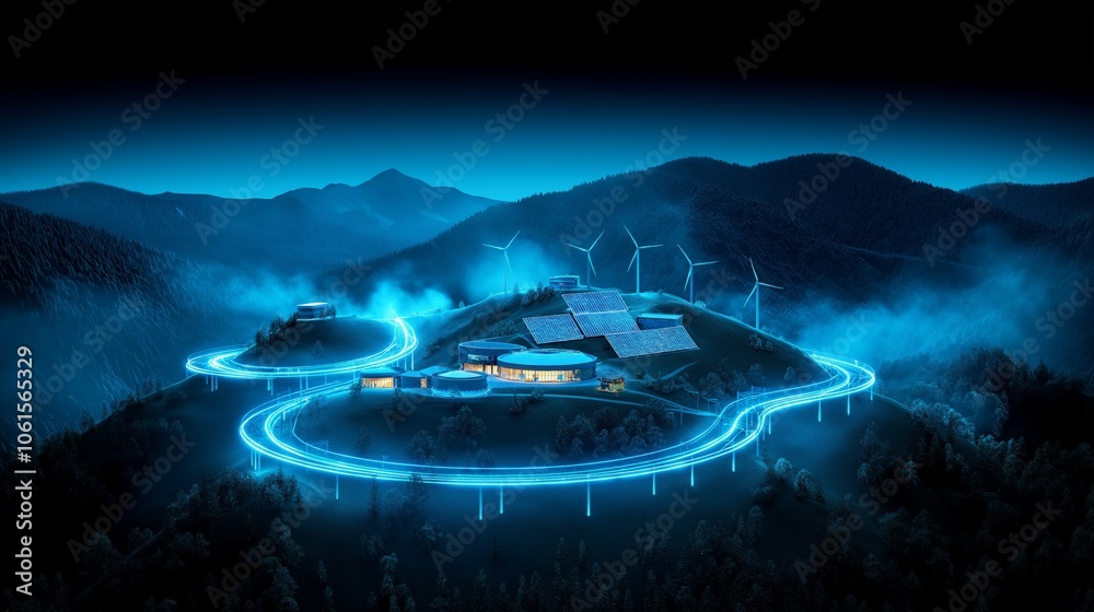 Futuristic landscape with illuminated road and wind turbines at night. Futuristic landscape with illuminated road and wind turbines at night.