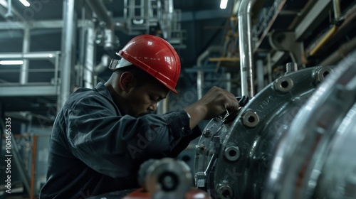 Wallpaper Mural A dedicated engineer in a vibrant red helmet meticulously adjusts complex machinery, demonstrating dedication and skill in an industrial environment. Torontodigital.ca