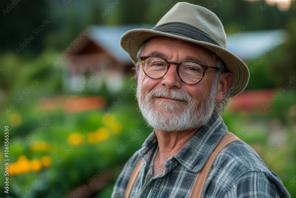 Man with a hat and glasses is smiling in front of a house. The house is surrounded by a garden with many yellow flowers Man with a hat and glasses is smiling in front of a house. The house is surrounded by a garden with many yellow flowers
