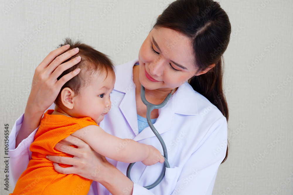 Female doctor with a sick boy patient. Female doctor with a sick boy patient.