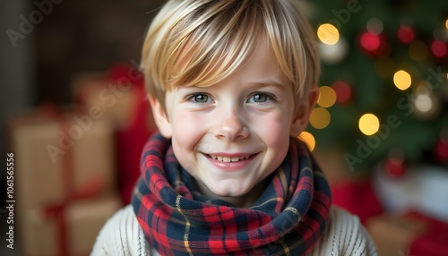 Little blonde boy wearing a cozy plaid scarf, surrounded by a background of wrapped Christmas gifts and a small Christmas tree for copy space